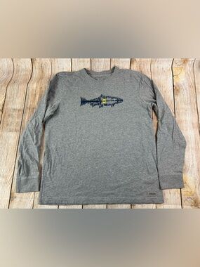Mens Life Is Good Fishing Crusher Grey Longsleeve T Shirt Size Large